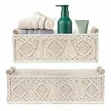 Sporgo 2 Stück Makramee Aufbewahrungskörbe: Boho Aufbewahrungskorb mit Holzgriff Badezimmer Aufbewahrung Korb, Hand Geflochtener Korb Makramee Basket Set für Badezimmer, Schlafzimmer und Schrank