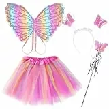 AUYAO Feenflügel Kostüm Kinder 4 Pcs Schmetterlings Flügel Mädchen Rosa Prinzessinnenflügel Elfen Fee Anzieh Sets mit Tutu Haarband Zepter für Kindershow Karneval Geburtstag Fasching Kostüm Requisiten