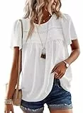 TUUHAW Tunika Damen Sommer Boho Bluse Kurzarm Top Oberteile Fließend Spitze Rüschen Süß Elegant Rundhals T Shirt Lässig Outfits Frühling Spitze Herbst Kleidung Weiß XL