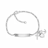 Herzengel Mädchen Kinder Armband aus Sterling Silber mit Kreuz, Herz und Anker Anhängern - mit Gravurplatte - Karabinerverschluss - längenverstellbar - nickelfrei
