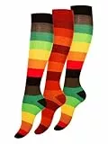 Yenita 3 Paar Damen Kniestrümpfe mit breiten Blockstreifen, Baumwolle (35/38, grelle leuchtfarben)