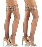 Sesto Senso Halterlose Strümpfe mit Spitze 2er Pack 15 DEN Feinstrümpfe Damen 3/4 M/L Golden Beige Hautfarbe