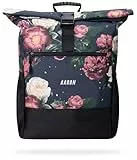 AARON Rolltop Rucksack Damen, mit Laptopfach, inkl. AirTag Halter, Daypacks, Rollrucksack aus recycletem PET für UNI, Reisen, Alltag, Rolltop Backpack mit Blumenmuster