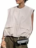 PAODIKUAI Lässige Damen-Weste, Reißverschluss, Cargo-Weste, gerüschter Saum, leicht, ärmellos, Übergröße, Jacken-Oberteil mit Taschen, Hellgrau, XX-Large