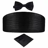 DonDon 3er Set Herren Kummerbund Fliege Einstecktuch farblich abgestimmt glänzend für feierliche Anlässe - Schwarz
