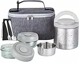 Lille Home 1065 ml Lunchbox-Set, eine vakuumisolierte Bento-/Snackbox, die Speisen 3–4 Stunden lang warm hält, zwei BPA-freie Lebensmittelbehälter, eine Lunchtasche, ein tragbares Besteckset (Grau)