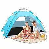WARMTUYO Quick Up Strandmuschel, 3 Sekunde Automatisches Pop Up Strandzelt für Familie, Kein Aufbau Nötig, UV-Schutz 50+, mit 3 Erweiterbarer Veranda, Windschutz für Strand, Garten, Camping-Blau