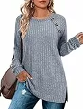 TrendiMax Damen Langarmshirt Leichte Strickpullover mit Knopfdetail Rundhals Casual Oberteile Elegant Sweatshirt Herbst Langarm Tops (XL, Hellblau)