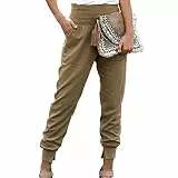 Cocoarm Damen Hose Elastisch Hohe Taille 9/10 Elegant Bleistifthose Casual Elegant Pants Einfarbig Freizeithose Jogger Pants mit Taschen und geteilter Saum(S-Khaki)