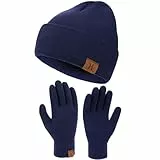 Bequemer Laden Herren Damen Winter Warm Beanie Mütze Touchscreen Handschuhe Set, Thermo Wintermütze Strickmütze Winterhandschuhe mit Fleece Gefüttert， Blau