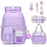 KEBEIXUAN Schulrucksack Mädchen | Cute Kinderschultasche 1. - 5. Klasse | Atmungsaktiv Wasserabweisender (Mädchen-rucksack + Isolierte Lunchtasche + Federmäppchen, Violett)