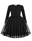 Arshiner Mädchen Pulloverkleid Tüll Kinder Festliches Kleider Herbst Winter Rundhals Langarmkleid A-Linie Freizeit Kleid für Mädchen 11-12 Jahre Schwarz