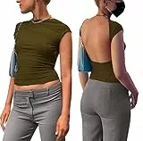 ANGGREK Damen T-Shirts rückenfrei Rundhalsausschnitt sexy kurzärmelig Y2K-Crop-Top Sommer lässig Vintage offener Rücken schmale Passform Ausgeschnittene T-Shirts(1-Armeegrün,X-Large)