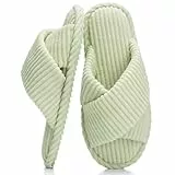 GOEWY Damen Hausschuhe mit Memory Foam Kordstoff-Wohnschuhe fürs Schlafzimmer, offener Zehen, Querriemen-Schleife, rutschfeste Sohle. Bequeme Trend-Slide als stylisches Geschenk.(Grün 38/39)