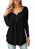 Florboom Damenblusen Langarm Elegant Shirt V Ausschnitt Oberteil Herbst Bluse Sexy Longshirt Casual T-Shirt Top Tunika Schwarz L