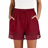 shhmct Leinen Kurze Hose Damen Sommer Musselin Shorts Leicht Atmungsaktive Sommerhose Mit Spitzen Bermuda Luftige Bequeme Stoffhose Mit Elastische Taille Baggy Weites Hosen Für Alltag Büro Freizeit