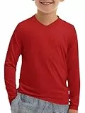 Haloumoning Jungen V-Ausschnitt UV Shirt UPF 50+ Kinder Schnelltrocknend V-Neck Langarmshirt Weich Einfarbig T-Shirt Langarm Rot 11-12 Jahre