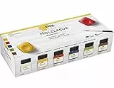 KREUL 78500 - Farbintensive Acryl Holzlasur im Set, 6 x 20 ml Farbe in Weiß, Sonnengelb, Cherry, Ultramarin, Pistazie, Maron und Pinsel für unbehandeltes, natürliches Holz und saugende Naturpapiere