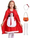 Mrsclaus Rot Kostüm Mädchen Rotkäppchen Kostüm Kinder Rot Umhang Kleid Rote Fliege Headband Kürbisbeutel Halloween Mottoparty Kostüm Party C017-90