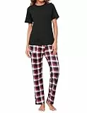 Uniexcosm Schlafanzug Damen Lang Zweiteiler Pyjama Set Kurzarm Rundhals Oberteil und Karierte Pyjamahose Sleepwear für Frauen Schwarz M
