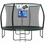 SONGMICS Trampolin 305 cm d, Gartentrampolin für Kinder mit Sicherheitsnetz, 180 cm hohe gebogene Stangen, Randabdeckung, Leiter, Stahlrahmen, schwarz-dunkelgrün STR102C01