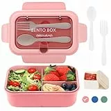 Bugucat Brotdose Kinder 1200 ML, Auslaufsichere Lunchbox Brotdose mit 3 Fächern, Bento Box Vesperdose Erwachsene mit Besteck, Jausenbox Frühstücksbox für Kindergarten & Jungen,Rosa