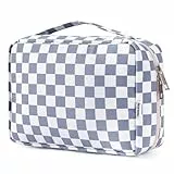 Narwey Kulturtasche Damen - Kulturtasche Zum Aufhängen, Kulturbeutel für Damen & Herren Kosmetiktasche - Waschtasche (Graublaues Schachbrettmuster)