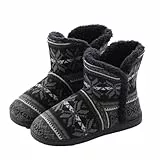 XINCHIUK Winter Hausschuhe Damen Herren Plüsch Stiefel Hüttenschuhe Flacheschuhe Hohe Gefüttert Wärmepantoffeln Slipper Schwarz Grau 46 EU