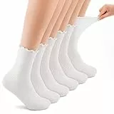 Maxmoc 6 Paar Rüschen Socken, Baumwolle Sockens mit Rüschen Damen, Weiße Mittelhoch Rüschensocken Weiche Atmungsaktive Strick Socken für Damen und Mädchen, 36-42,Weiße