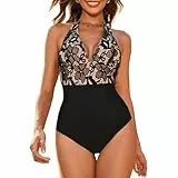 Veranobreeze Damen Badeanzug EIN Stück V Ausschnitt Halter Vintage Bauchkontrolle Bademode Rückenfrei Push Up Große Einteilige Bademode für Frauen(Jacquard-schwarzes Spleißen, EU44)