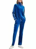Woolicity Velours Trainingsanzug-Set für Damen 2 teilig Trainingsanzüge Samt Outfits mit durchgehendem Reißverschluss Kapuzenpullover und Jogginghose Jogginganzug Dunkelblau XXL