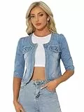 Allegra K Damen Jeansjacke 3/4 Ärmel Open Front Kragenlos Jacke mit Taschen Hellblau L