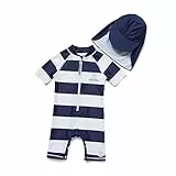 BONVERANO Baby Junge EIN stück Kurzärmel-Kleidung UV-Schutz 50+ Badeanzug MIT Einem Reißverschluss (Dunkelblaue Streifen, 12-18)