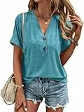VEUNCOS Tshirt Damen V Ausschnitt Elegant Kurzarm Oberteile Sommer Einfarbige Blusen Blaugrün XL