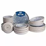 James Cooke Azure Vintage Steinzeug Geschirr-Set für 6 Personen - 24-Teilig - weiss blau gestreift, Relief Oberfläche - Spülmaschinen-, Ofen- & Mikrowellenfest