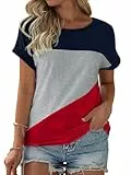 Fisoew Damen T-Shirt Rundhals Farbblock Kurzarm Shirt Casual Oberteil Sommer Locker Baumwolle Tee Tops (Rot, XXL)