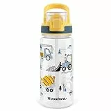 wooshwa Trinkflasche Kinder mit Strohhalm 600ml Auslaufsicher Sport Trinkflaschen Schule Wasserflasche Jungen Mädchen zum Wandern & Fitnessstudio mit Tragegriff BPA-frei - Bagger