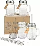 Smiths Mason Jar Trinkglas Set mit vier Gläsern mit Deckel und Strohhalmen. Auch Deckel ohne Löcher und eine Strohhalm-Reinigungsbürste werden mitgeliefert, Perfektes Geschenk für Weihnachten