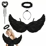 BINXWA Engelsflügel schwarz, schwarze flügel Größe 70cm mit heiligenschein und zauberstab schwarzer engel kostüm damen,halloween kostüm frauen Halloween Party Karneval Cosplay Erwachsenes Kinder
