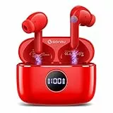 Kopfhörer Kabellos Bluetooth Rot, In Ear Kopfhörer Bluetooth 5.3 mit 4 ENC Noise Cancelling Mic, Kopfhörer Kabellos LED Anzeige, 40Std Earbuds, HiFi Stereo IP7 Wasserdicht Ohrhörer für Arbeit