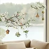 Supzone Fensteraufkleber Weiße Blumenzweige Fensterbilder Hängendes Vogelhäuschen Fenster Abziehbilder Sommer Frühling Anti-Kollision Fensterfolie Glastüren Fensterdeko Aufkleber