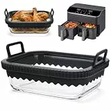 Auflaufform Airfryer Ninja mit Silikongriffen für Ninja Cosori Philips, Airfryer Glasbehälter Hitzebeständig Kraztfest Spülmaschinenfest, Herausnehmbarer Silikonring Auflaufform für Heißluftfritteuse