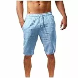 EMATOP Leinenhose Herren 3/4 Länge Hosen Sommer Kurz Hose Sporthose Casual Einfarbig Bermuda Shorts Baumwolle Leinen Strandshorts Elastischer Bund Sommerhose mit Taschen Stoffhose Freizeithose