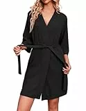 Ekouaer Bademäntel für Damen Waffelstrick Morgenmantel Lässig Robe Hochzeit weich leicht knielang Loungewear Schwarz L