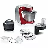 Bosch Küchenmaschine Serie 4, Edelstahl-Schüssel spülmaschinenfest, Planetenrührwerk, Durchlaufschnitzler, 3 Scheiben, 3 Rührwerkzeuge spülmaschinenfest, 1000 W, Made in Europe, rot, MUM58710