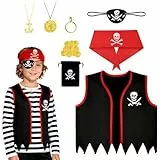 AOOWU Pirat kostüm für Kinder, 7-teiliges Piraten-Kostüm mit Piratenweste, Halskette, Augenklappe, Stirnband, Piratenkarten, Ohrringe,Geldbörse,Goldmünzen, Piratenkostüm für Karneval Halloween Cosplay