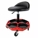 HASKYY Werkstatthocker mit Rückenlehne | Höhenverstellbar 43-58cm | Rollhocker bis 150kg belastbar | Werkstattsitz mit Ablagefächern | Praxis & Werkstatt Hocker mit 360° Rollen