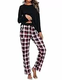 Uniexcosm Schlafanzug Damen Baumwolle Pyjama Set Lang Zweiteiliger Nachtwäsche Raglanärmel Sleepwear und Karierte Pyjamahose Hausanzug Freizeitanzug Stil 1:Schwarz M