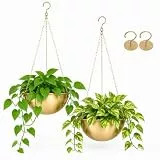 AceList 2 Stück Gold Hängende Pflanzgefäße für Zimmerpflanzen – 24,8 cm Boho Metall Pflanzenhänger Indoor mit Haken, Hängender Pflanzenhalter für Fenster und Decke