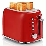 Aigostar Toaster 2 Scheiben, Retro Edelstahl Rot, Spezialprogramm für Bagels, Auftauen, Aufwärmen und Abbrechen, 4 cm extra breite Toastschlitze, 6 Bräunungsstufen, Liftfunktion, 800W
